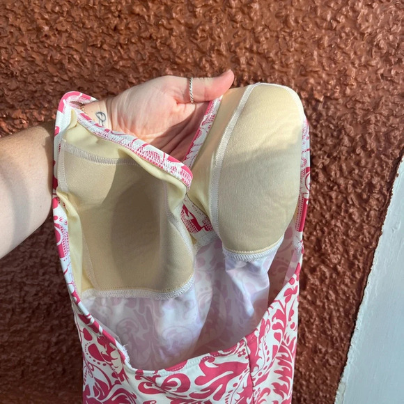 Lands End Swimsuit Top Womens 8 Tankini Pink White Floral Paisley Halter V Neck - Picture 3 of 4